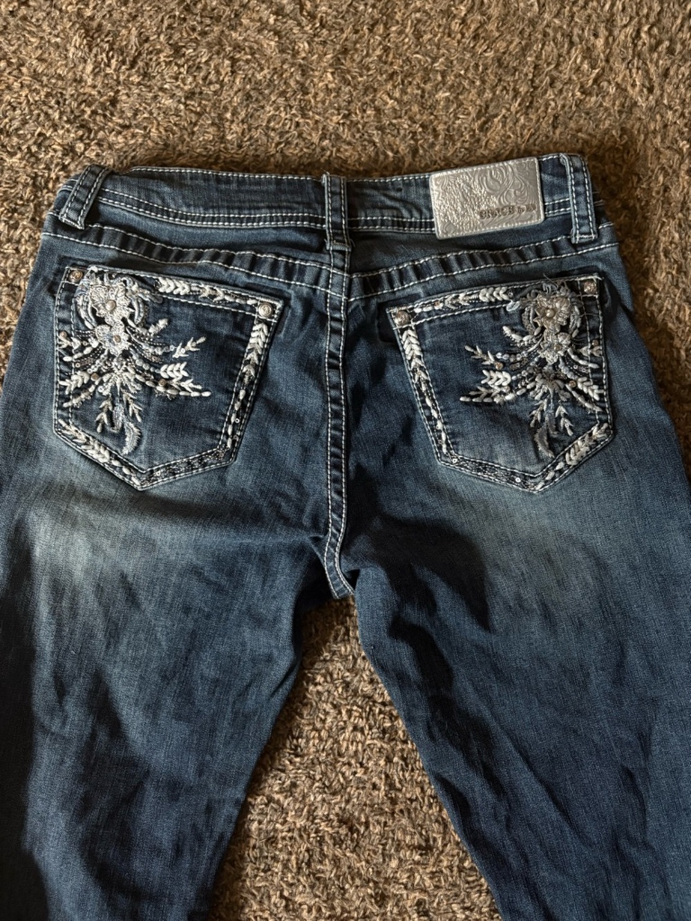 Grace in LA Embellished Dark Blue Women's Jeans with Silver Stitching